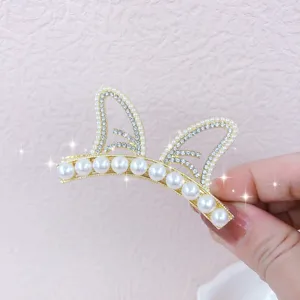 Gold pearl rhinestone cat ear hair clip detail view shiny metal hairpin for women