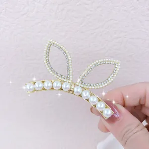 Pearl cat ear hair clip, elegant rhinestone side barrette for women's summer hair styling.