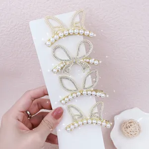 Korean Style Alloy Rhinestone Artificial Pearl Cat Ear Bow Hair Clip For Women Elegant Summer Daily Side Hairpins Jewelry