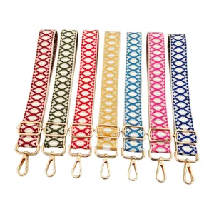 Jacquard woven replacement shoulder strap detail, adjustable length with gold hardware.