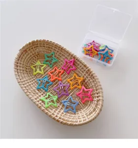 Colorful star hair clips set cute geometric metal hairpins with storage box and woven basket for kids