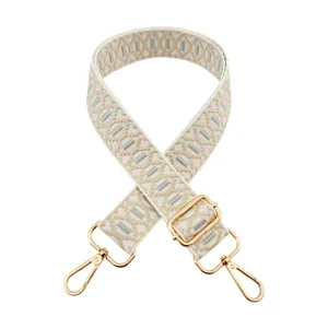 Adjustable replacement bag strap with jacquard geometric pattern and gold hardware accessories.