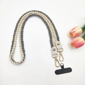 Dragonne de téléphone tissée et lanière de sac, design gris et blanc élégant accents dorés