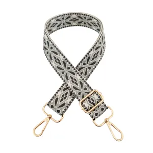 Wide embroidered replacement bag strap with adjustable gold hardware for crossbody shoulder purses