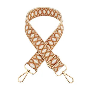 Jacquard replacement bag strap detail showing geometric pattern and gold metal hardware.