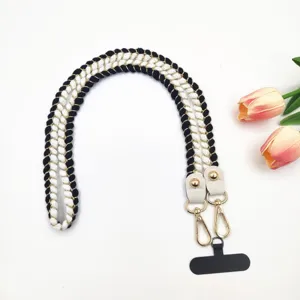 Lanière de téléphone tressée noir blanc or et chaîne d'épaule de sac de rechange avec mousquetons.