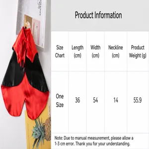 Detailed size chart and close-up view of the red and black satin pet cape for holiday dressing.