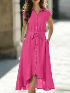 Knallrosa ärmelloses Hemdkleid mit Knopfleiste, Taillengürtel und asymmetrischem Saum.