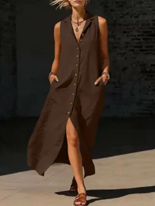 Braunes ärmelloses Maxikleid mit durchgehender Knopfleiste und Schlitz für den Alltag.