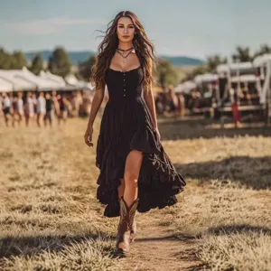 Black strapless high-low maxi dress, retro smocked waist elegant long dress for summer.