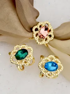 Vintage hollow lace silk scarf ring with oval colorful crystal for elegant women outfits.