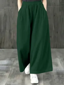 Pantalon large vert foncé pour femme, automne hiver décontracté taille haute coupe droite.