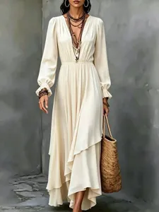 Bohemian solid color V-neck long sleeve chiffon maxi dress with irregular ruffles detail