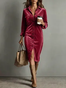 Fluwelen blousejurk voor dames, lange mouwen midi jurk met knopen en zakken.