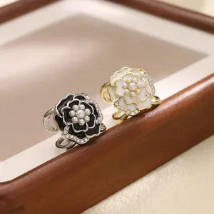 Camellia Flower Silk Scarf Buckle Alloy Enamel Artificial Pearl Rhinestone Shawl Ring Clip Versatile Women Fashion Accessories