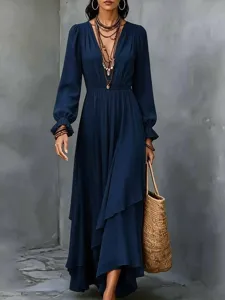 Solid V-neck Long Dress Bohemian Irregular Ruffle Chiffon Long Sleeve Maxi Dress