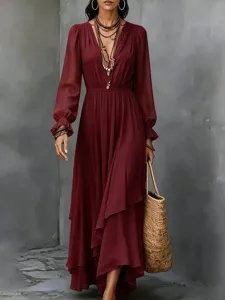 Bohemian solid V-neck long sleeve chiffon maxi dress with irregular ruffle hem for women.