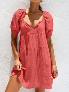 Vestido de verano casual holgado con cuello en V y manga abullonada con cordón para mujer.