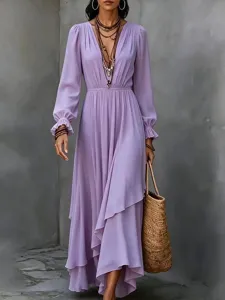 Long sleeve V-neck chiffon maxi dress featuring bohemian style and irregular ruffled hem for women.