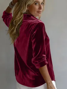 Detailopname dames fluwelen blouse lange mouw, zachte Koreaanse stof, comfortabele losse pasvorm.