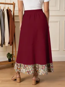 Jupe longue plissée à ourlet floral pour femme été élégante taille haute décontractée