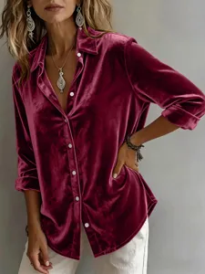 Dames casual losse lange mouw fluwelen blouse met knopen, elegante herfst top voor dagelijks.