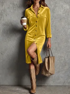 Gele fluwelen overhemdjurk, elegante lange mouwen midi jurk met vintage stijl details.