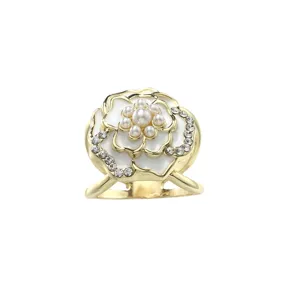 Elegant gold camellia scarf ring with white enamel, pearls, and rhinestones for women.