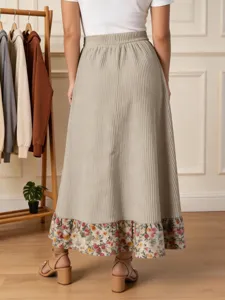 Jupe longue en velours côtelé femme imprimé floral taille haute style vintage chic