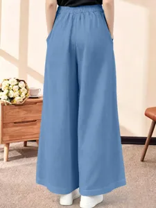 Pantalon large décontracté taille haute pour femme couleur unie ample coupe droite dos