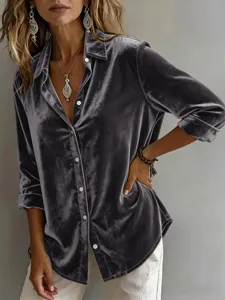 Elegante dames fluwelen shirt met lange mouwen knoop casual losse top donkergrijs