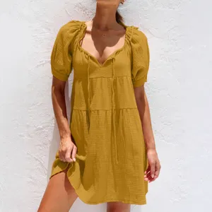 Vestido Midi Holgado Casual de Verano para Mujer Cuello en V Manga Abullonada Cordón Color Sólido Línea A Elegante Vacaciones Playa
