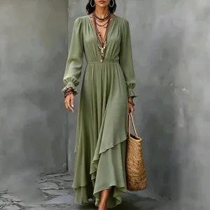 Solid color V-neck long sleeve bohemian irregular chiffon maxi dress for women