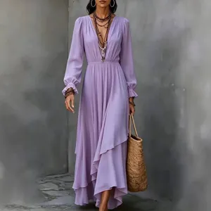 Solid color V-neck long sleeve maxi dress with irregular ruffles for women, boho style.
