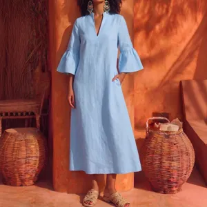 Women's Casual V-Neck Ruffle Sleeve Solid Color Midi Dress Elegant Loose Straight Pocket Dress Summer Daily Wear