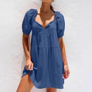 Vestido veraniego azul casual con cuello en V, mangas abullonadas y volantes mujer.