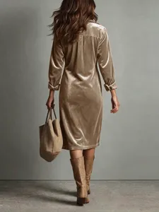 Elegante midi overhemdjurk van fluweel voor dames gouden vintage stijl lange mouwen jurk