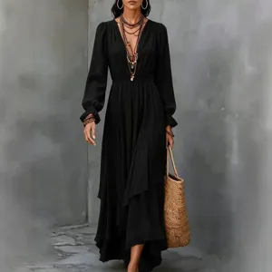 Women Black V-Neck Long Sleeve Chiffon Maxi Dress Boho Irregular Hem Casual Long Dress