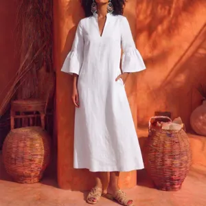 Elegant white v-neck bell sleeve midi dress for women, casual summer wear chic outfit.