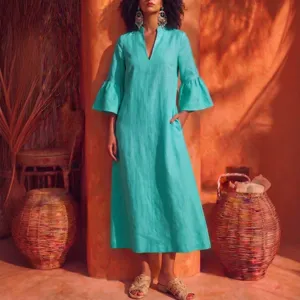 Solid color linen blend midi dress with elegant bell sleeves and V-neck for women.
