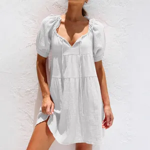 Mujeres Verano Casual Cuello V Manga Abullonada Vestido Suelto Blanco Con Cordón Mini