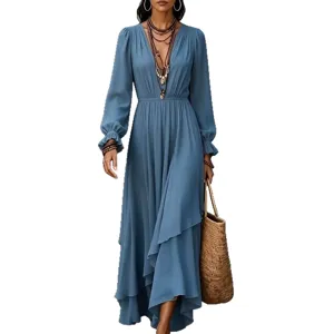 Bohemian solid color V-neck long sleeve chiffon maxi dress with irregular ruffles main view