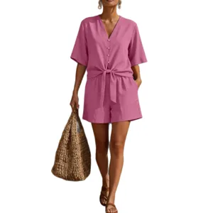 Pink short sleeve button down shirt and shorts set for women summer casual wear main view.
