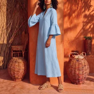Solid color light blue long sleeve V-neck bell sleeve dress, elegant casual apparel for women.