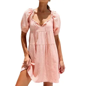 Mujer Verano Casual Rosa Cuello V Cordón Ajustado Mangas Abullonadas Mini Vestido Chic
