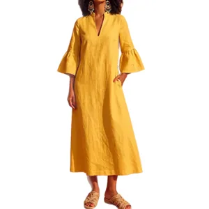 Women's Yellow Bell Sleeve Midi Dress Casual V-Neck Solid Color Loose Long Dress New
