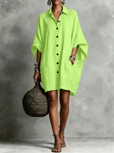 Detailed view of the lime green batwing sleeve linen shirt dress, stylish summer casual wear.