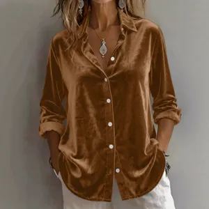 Dames Casual Lange Mouw Koreaanse Fluweel Knoop Blouse Lente Herfst Losse Effen Kleur Polo Kraag Tops