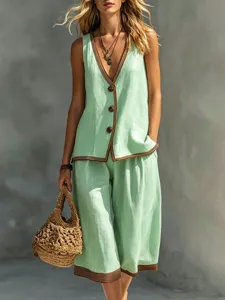 Conjunto casual de verano con chaleco y short para mujer, estilo vacacional con botones.