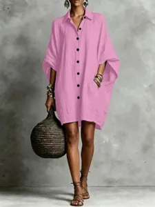 Casual loose pink batwing sleeve linen shirt dress with lapel and button down style.